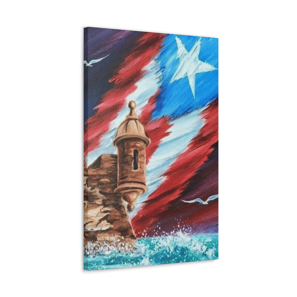 Patriotic Castillo Canvas Wall Art – Puerto Rico Flag Coastal Fortress Print