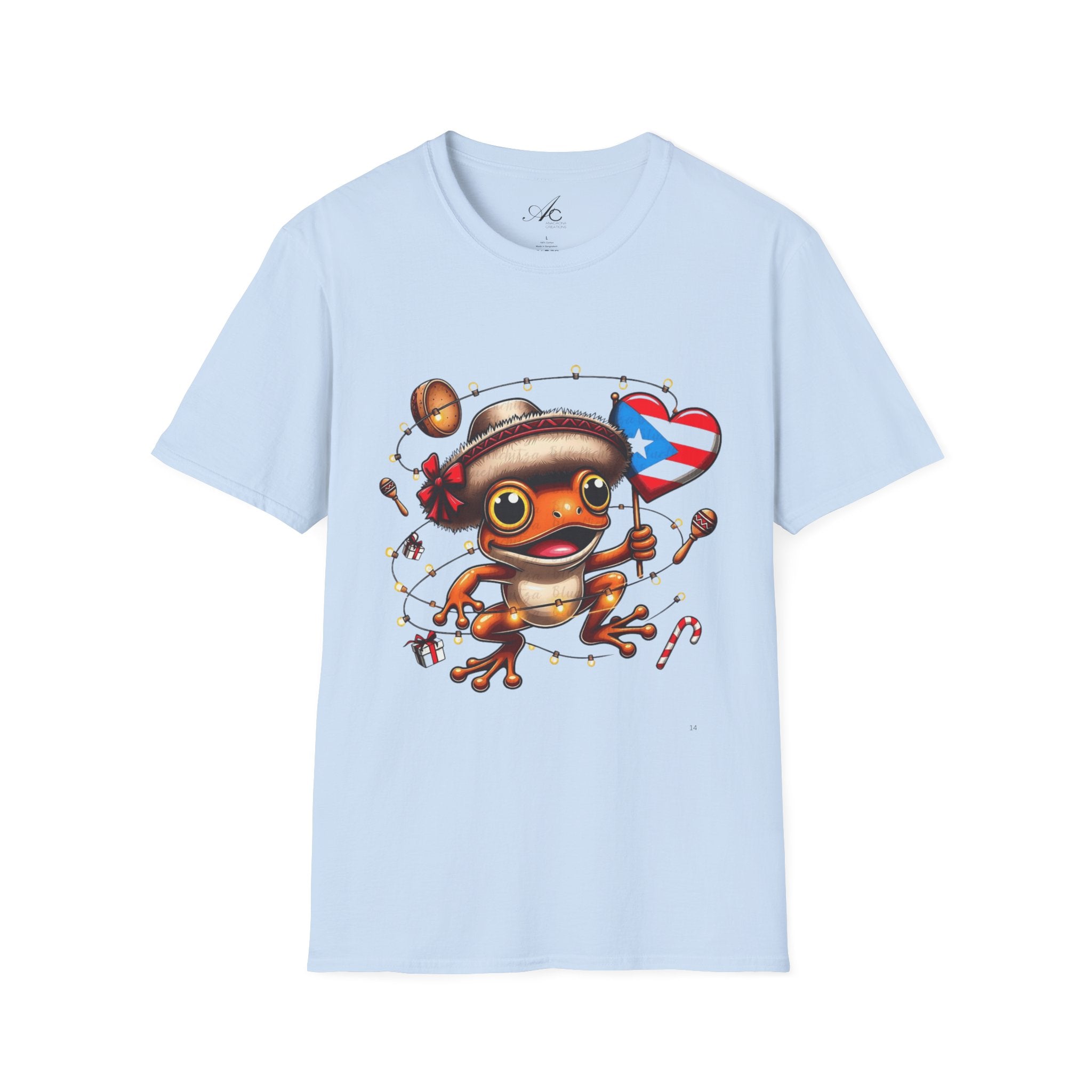 Puerto Rico Frog Holiday T-Shirt  Cute Coquí with Flag Heart (Christmas) Puerto Rico Navidades