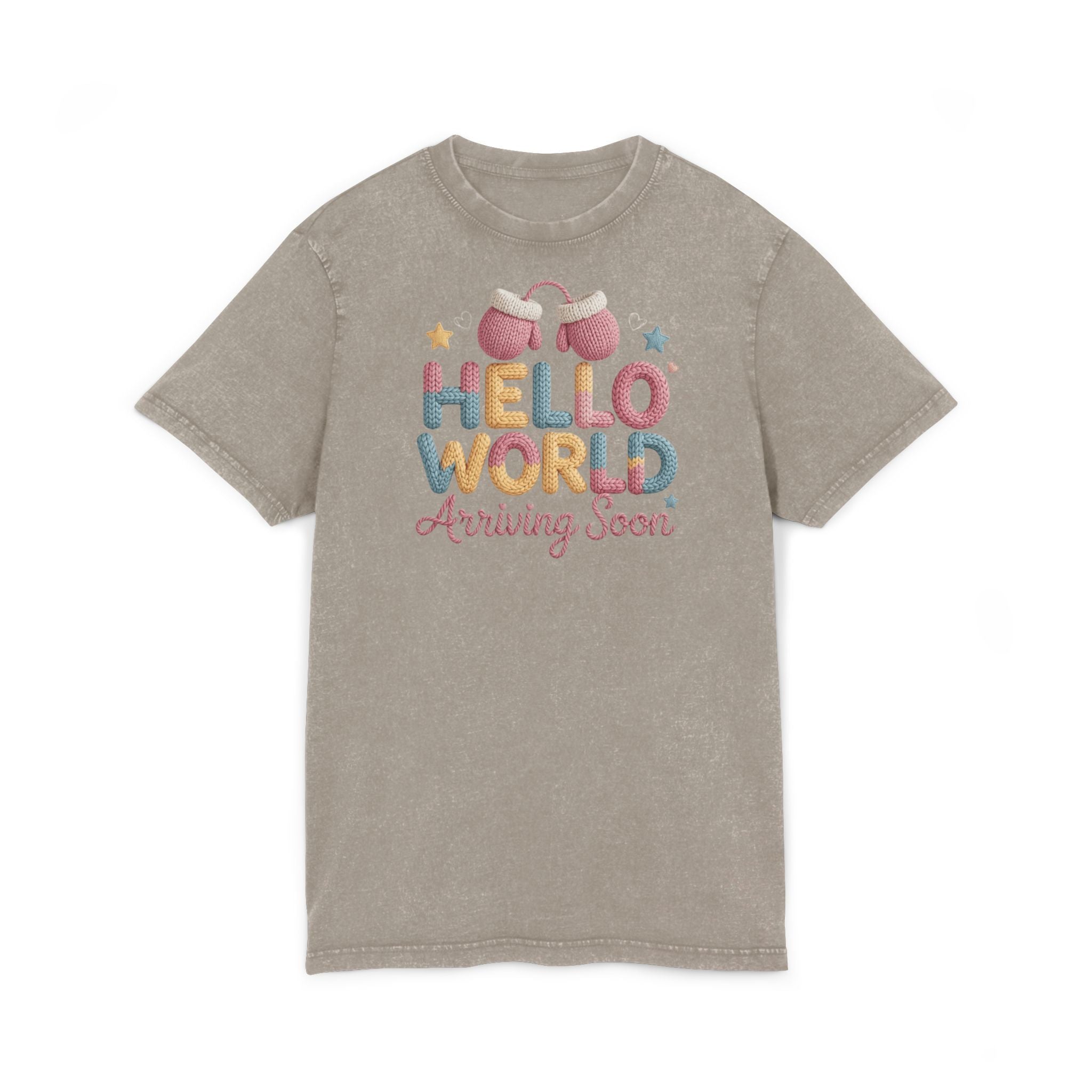Hello World "Arriving Soon" Acid Wash Baby Announcement Tee
