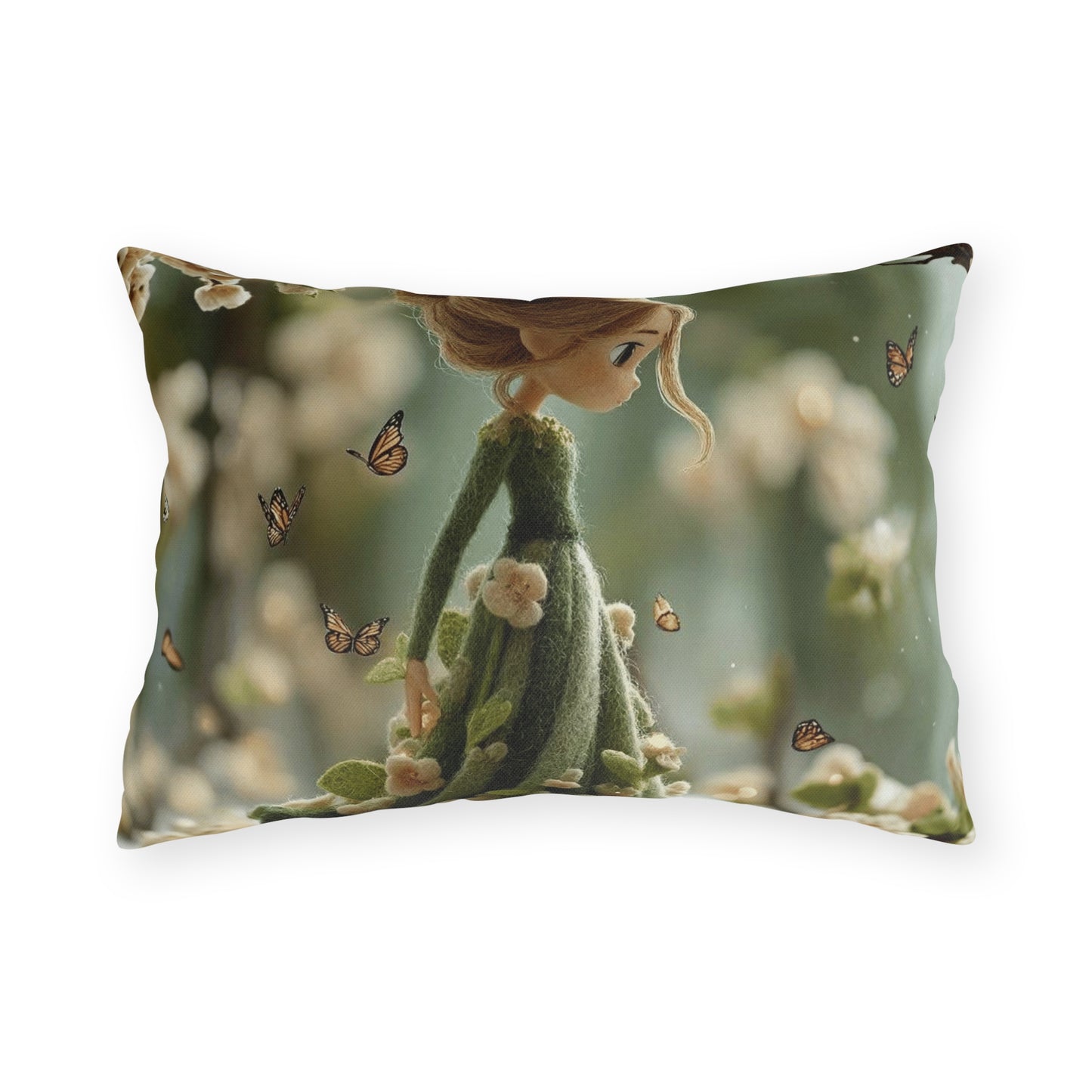 Spring Fairy Outdoor Pillow — Whimsical Girl with Butterflies Garden Decor