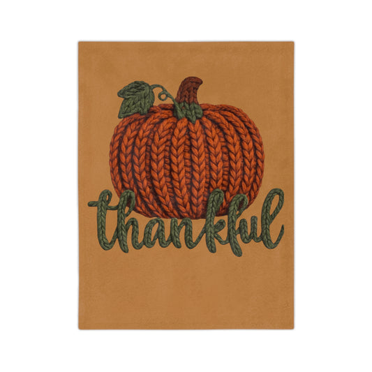 Holiday Christmas Blanket, Thankful Knit Pumpkin Velveteen Blanket