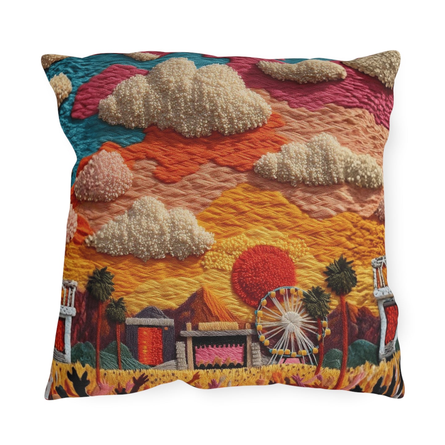 Retro Festival Outdoor Pillow — Sunset Carnival Embroidered Design