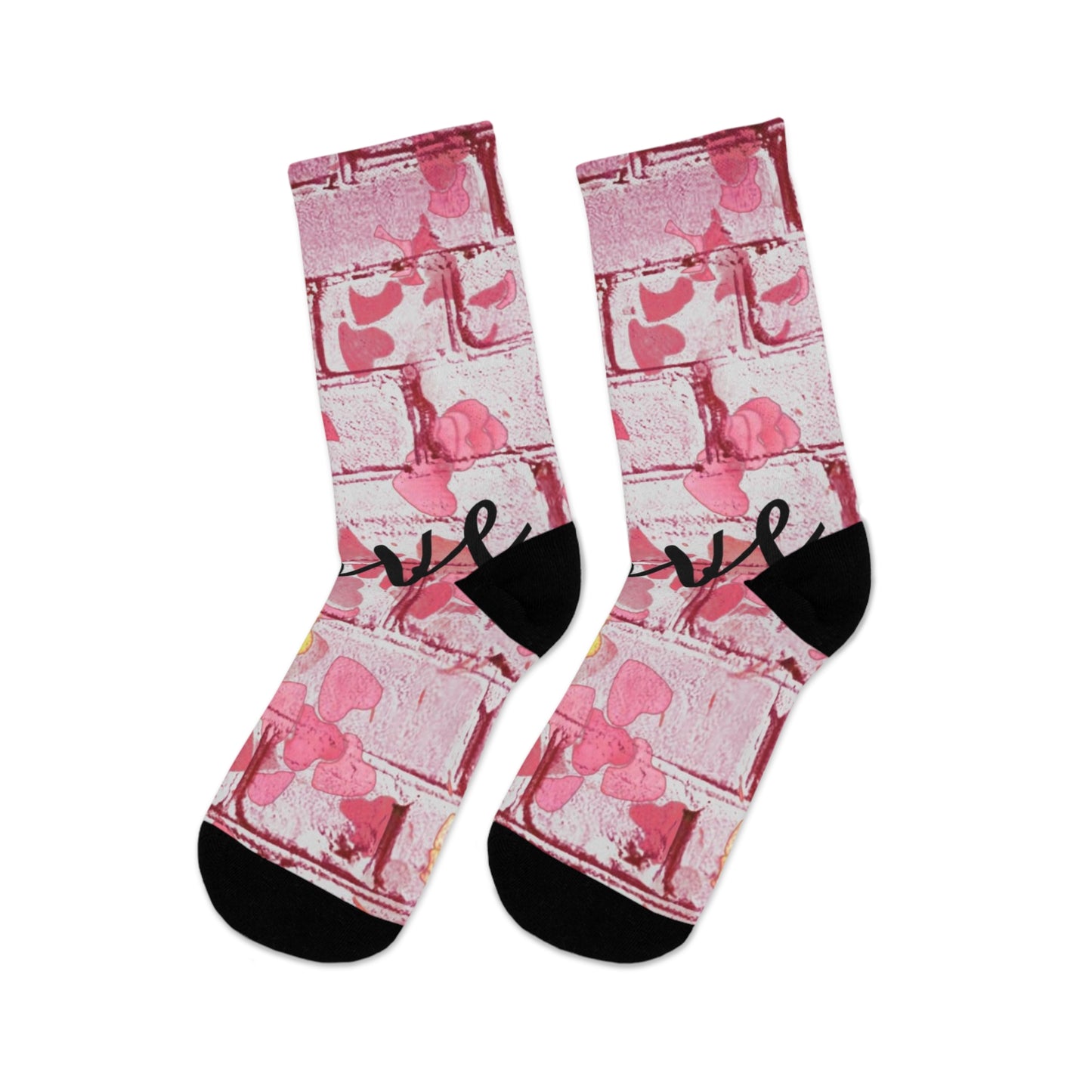Pink Heart Brick Wall Socks  'Love' Graphic Recycled Polyester Crew Socks