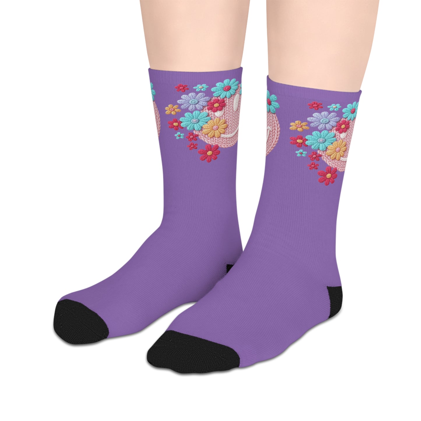 Purple Floral Smiley Mid-Length Socks — Cute Crochet Smile & Colorful Flowers