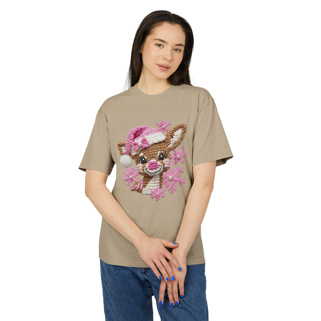 Cute Reindeer Tee — Pink Santa Hat & Snowflakes Holiday T-Shirt  cartoon-style Christmas artwork