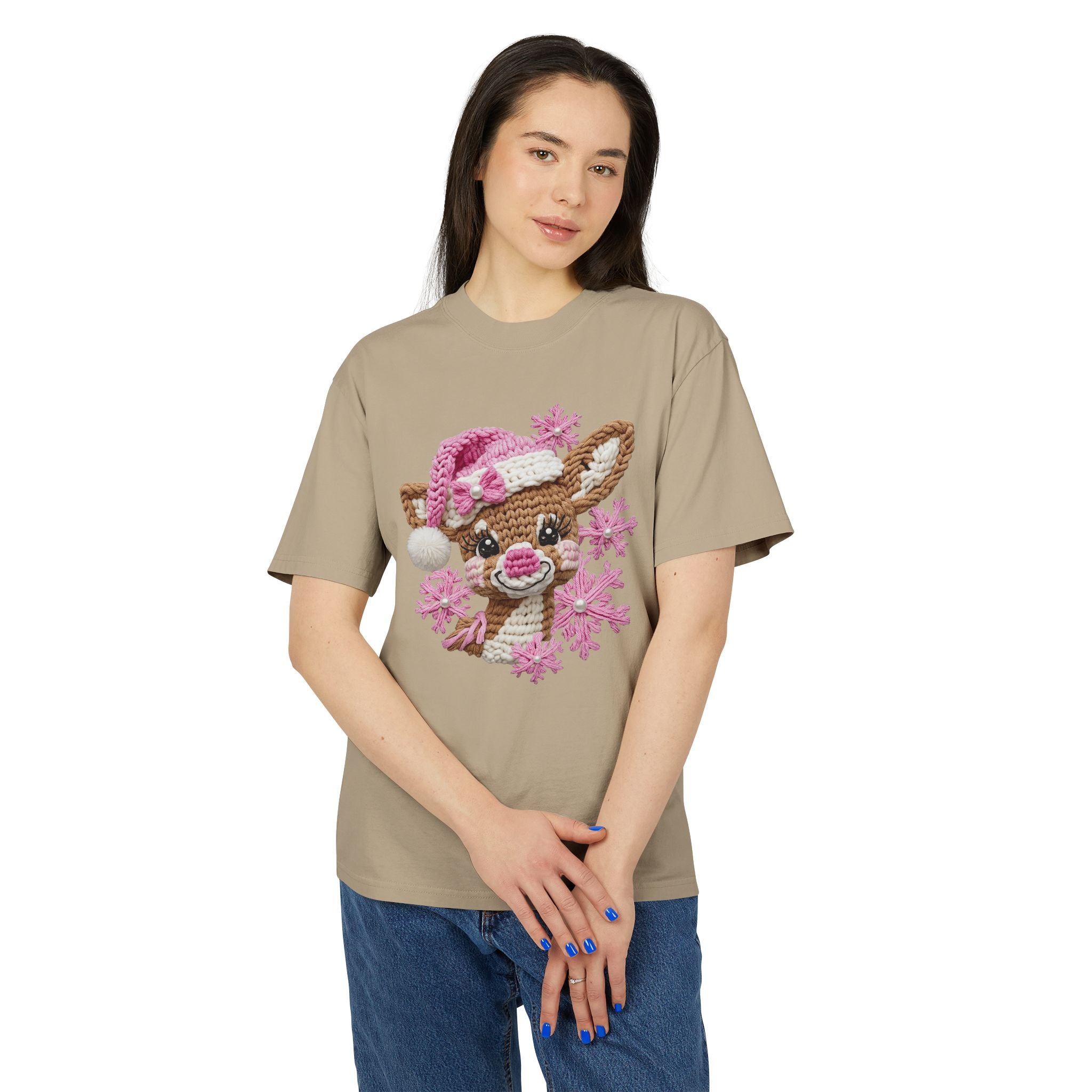 Cute Reindeer Tee — Pink Santa Hat & Snowflakes Holiday T-Shirt  cartoon-style Christmas artwork