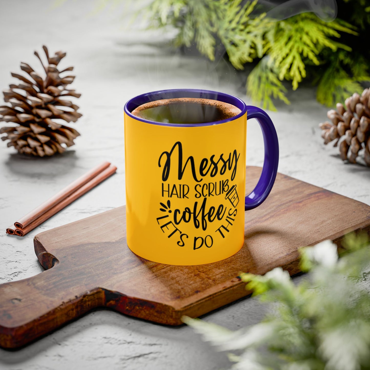 Holiday Coffee Cups with Festive Quotes & Designs Messy Hair Coffee Mug - Fun Yellow Ceramic Cup for Coffee Lovers