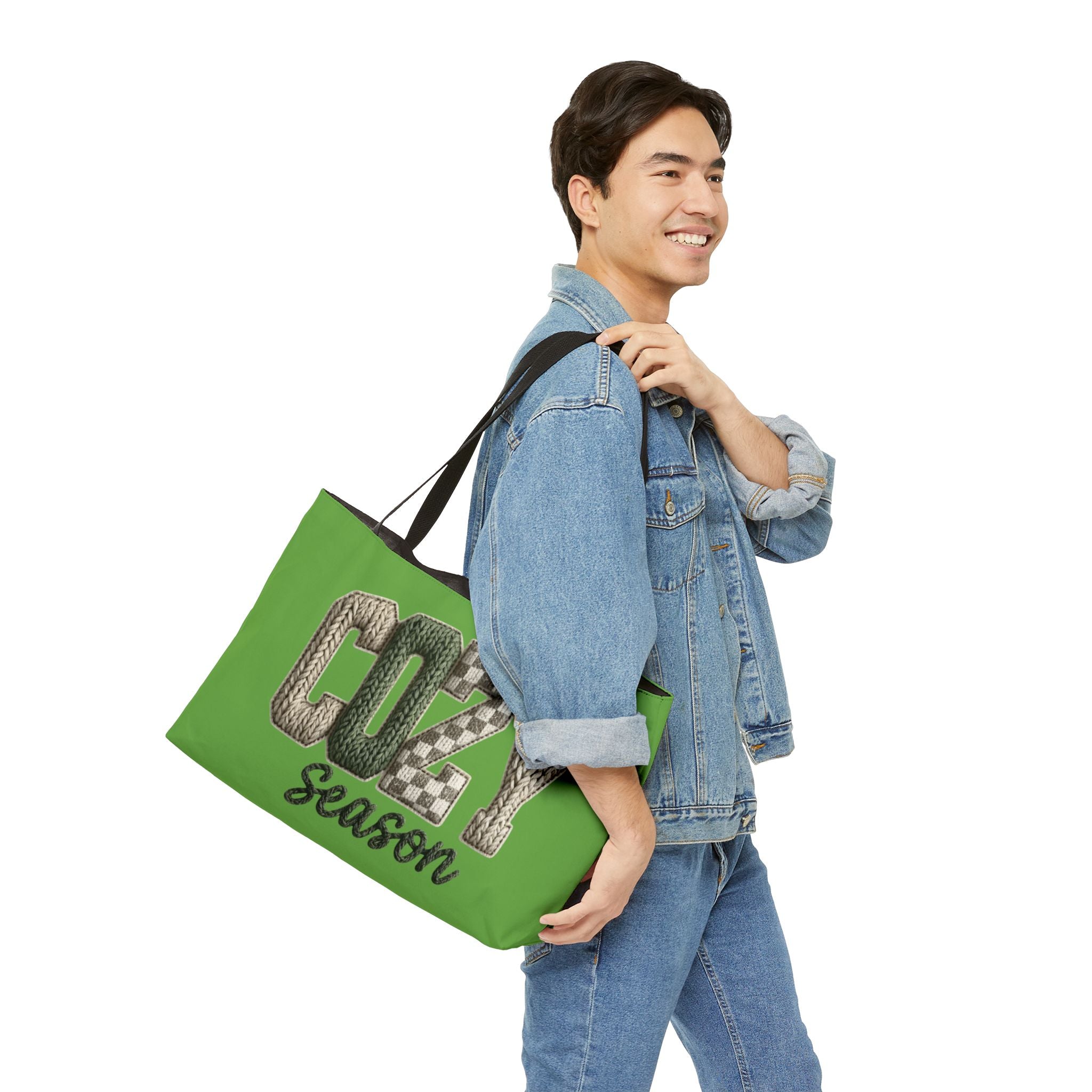 Cozy Season Weekender Tote Bag  Green Knit Lettering Travel & Weekend Carryall