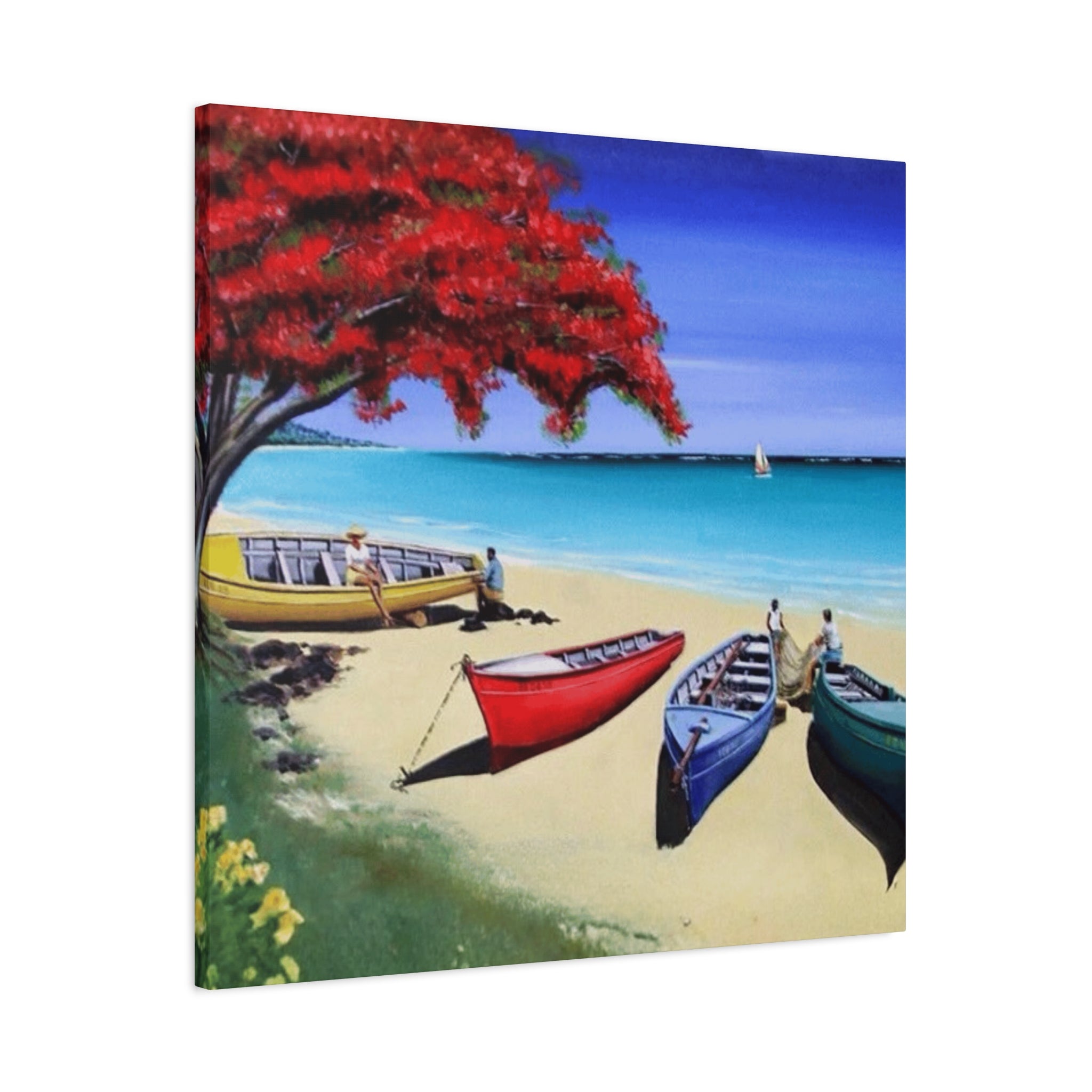 Beach Canoes Canvas Wall Art Tropical Seaside Landscape Matte Stretched Canvas