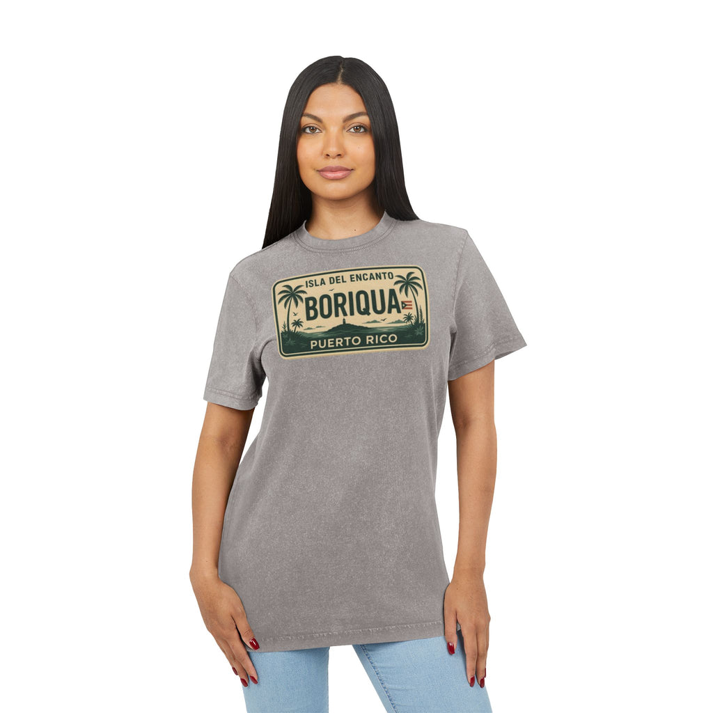 Boriqua Puerto Rico Vintage Acid-Wash Tee  Isla del Encanto License Plate Design