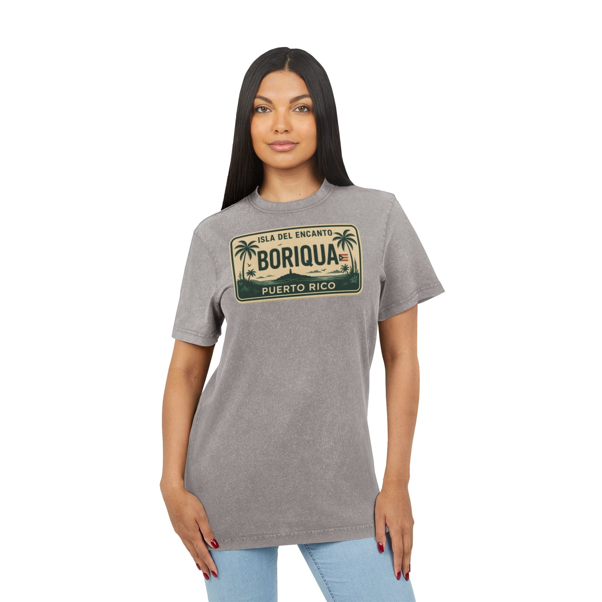 Boriqua Puerto Rico Vintage Acid-Wash Tee  Isla del Encanto License Plate Design