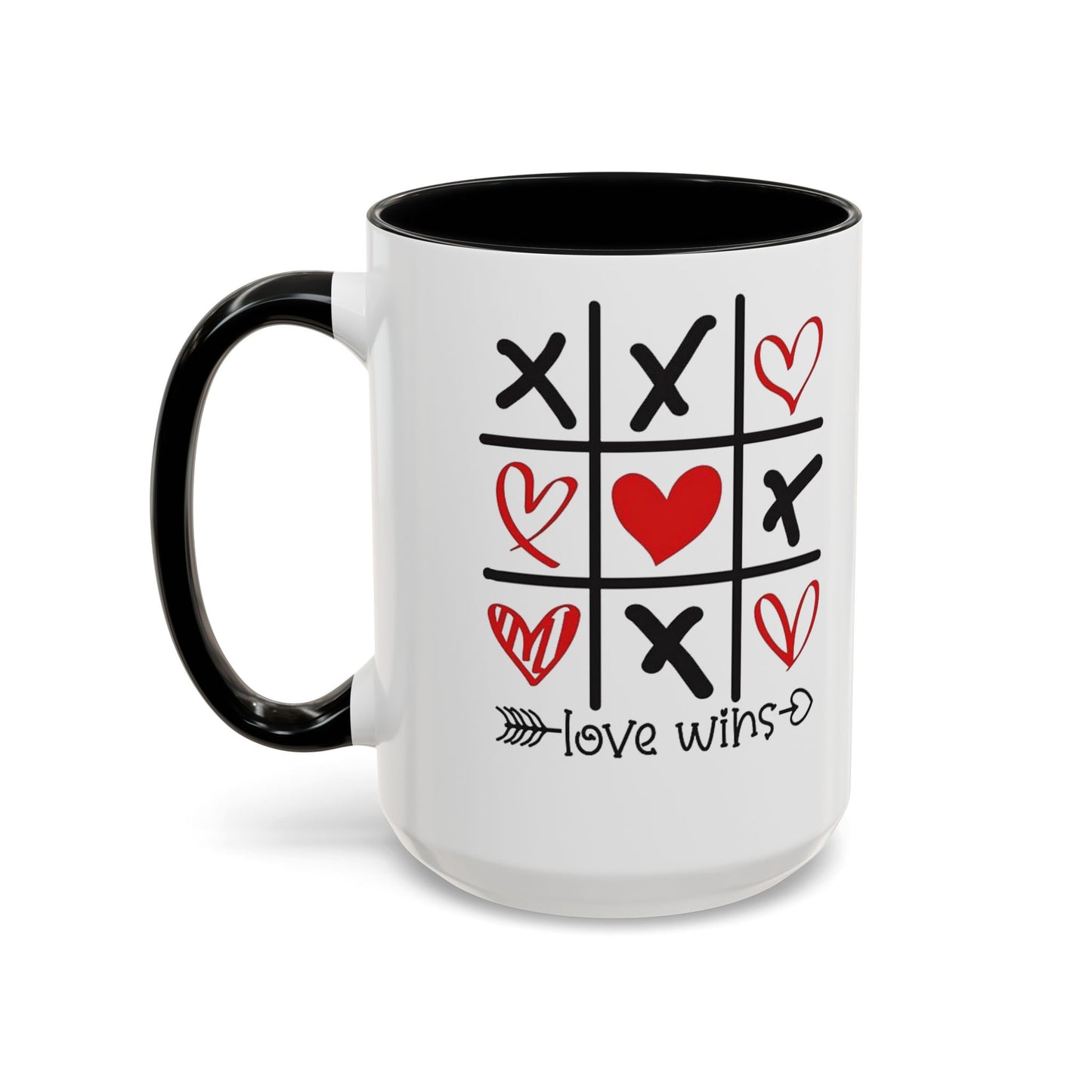 Love Wins Tic-Tac-Toe Heart Accent Coffee Mug — Romantic Valentine 11/15oz