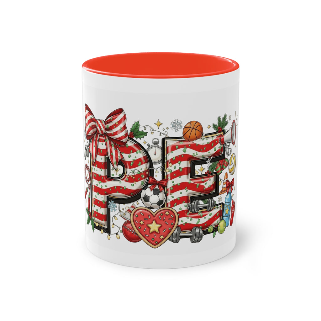Holiday Sports Mom Coffee Mug Festive 'PE' Candy-Stripe Design, 11oz Two-Tone School Staff Christmas Mug Collection,