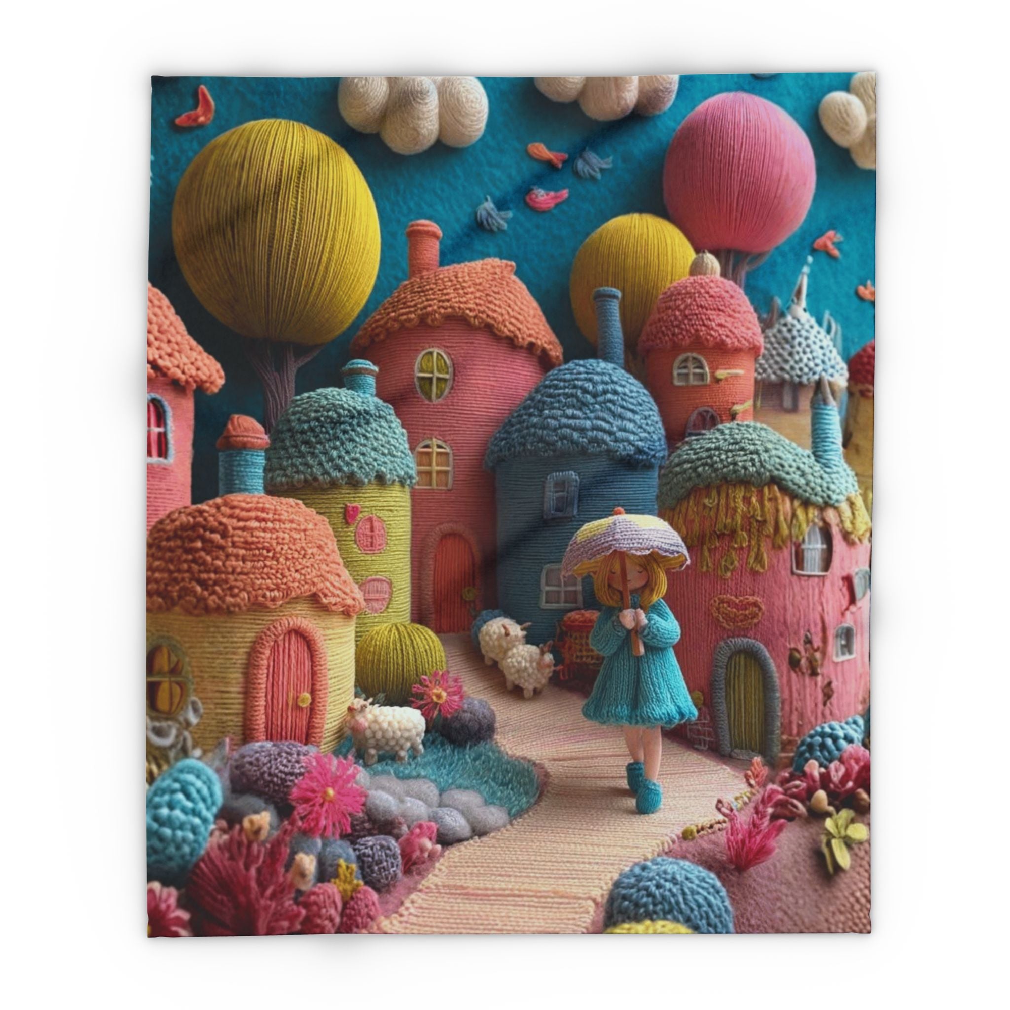 Whimsical Felt Village Fleece Blanket — Cute Cozy Throw for Kids & Nursery