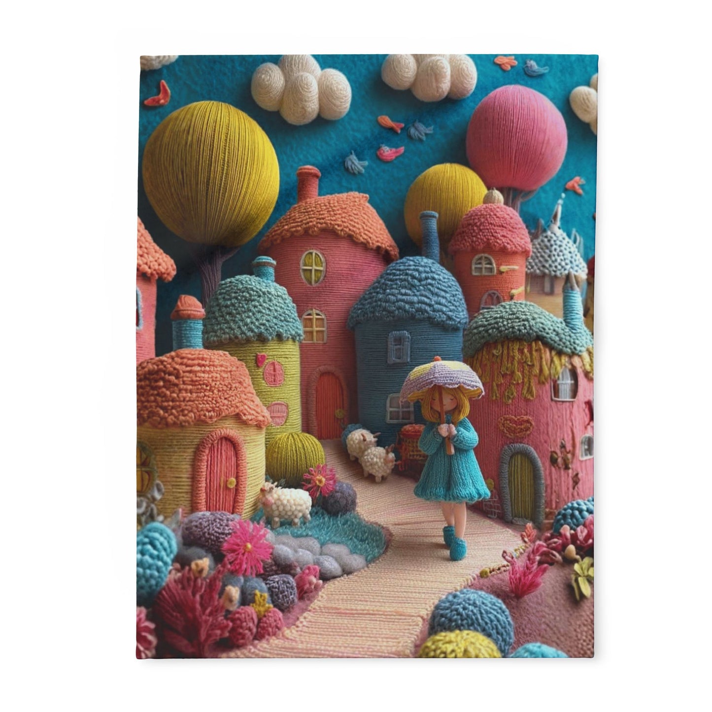 Whimsical Felt Village Fleece Blanket — Cute Cozy Throw for Kids & Nursery