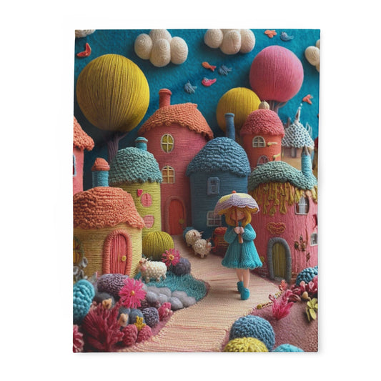 Whimsical Felt Village Fleece Blanket — Cute Cozy Throw for Kids & Nursery