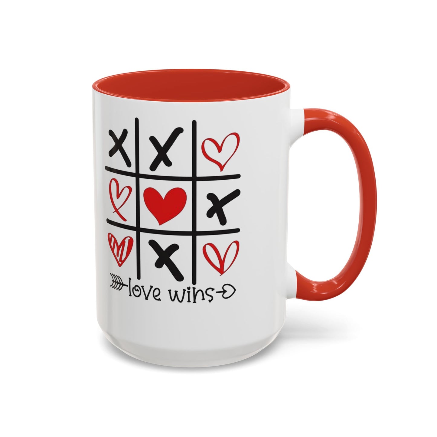 Love Wins Tic-Tac-Toe Heart Accent Coffee Mug — Romantic Valentine 11/15oz