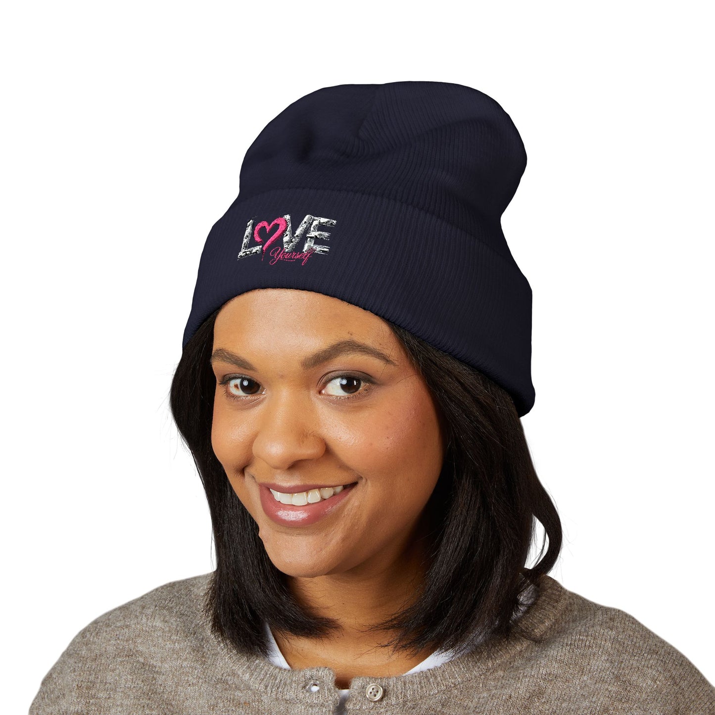 Embroidered 'Love' Heart Cuffed Beanie — Cozy Pink Accent Winter Hat