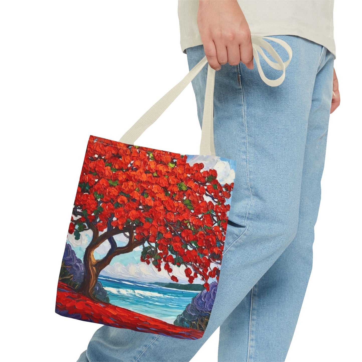 Red Blossom Beach Tote - Tropical Tree Art All-Over Print Tote Bag Crochet-Decorated Tote Bags