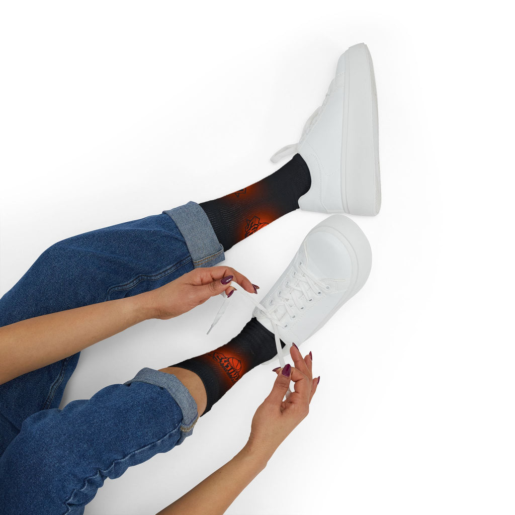 Basketball-Inspired Pattern Crew Socks — Retro Sports Sublimation Socks — Orange Gradient Crew Socks for Fans
