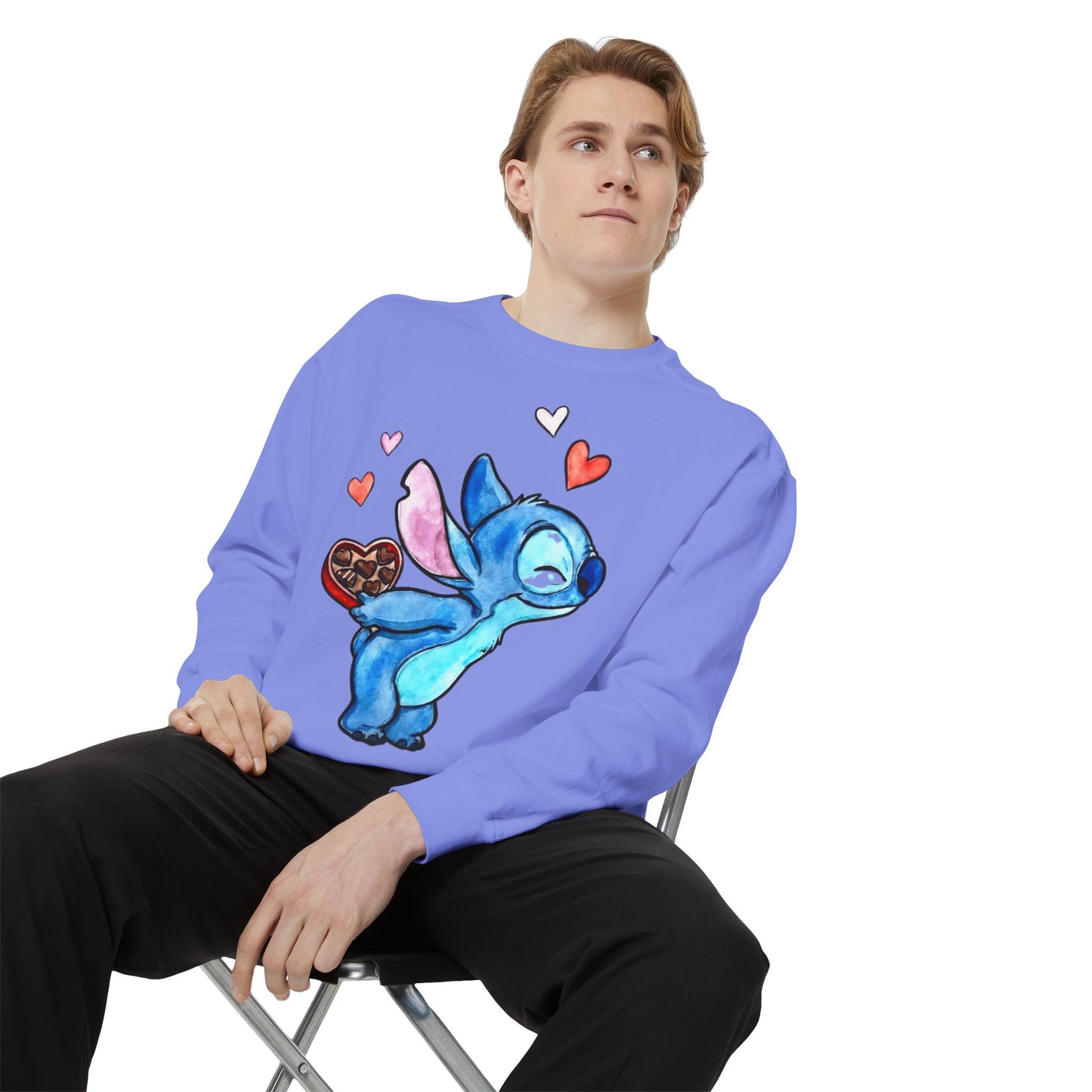Stitch Valentine Sweatshirt — Cute Blue Alien with Hearts & Chocolate Pocket