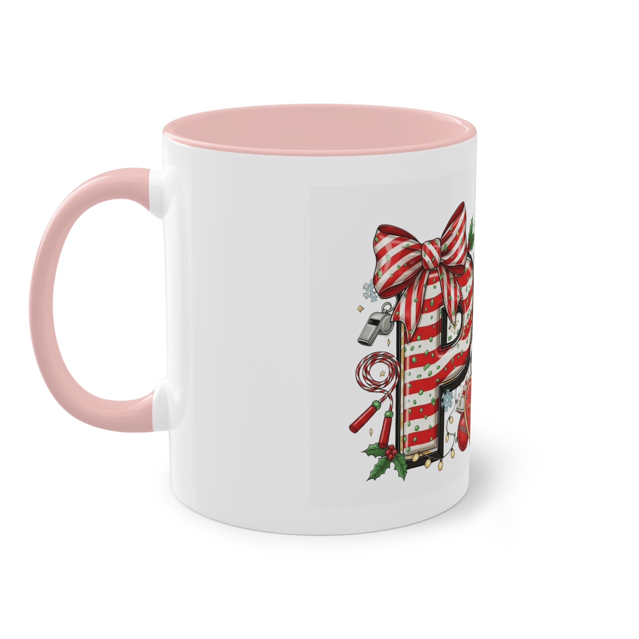 Holiday Sports Mom Coffee Mug Festive 'PE' Candy-Stripe Design, 11oz Two-Tone School Staff Christmas Mug Collection,
