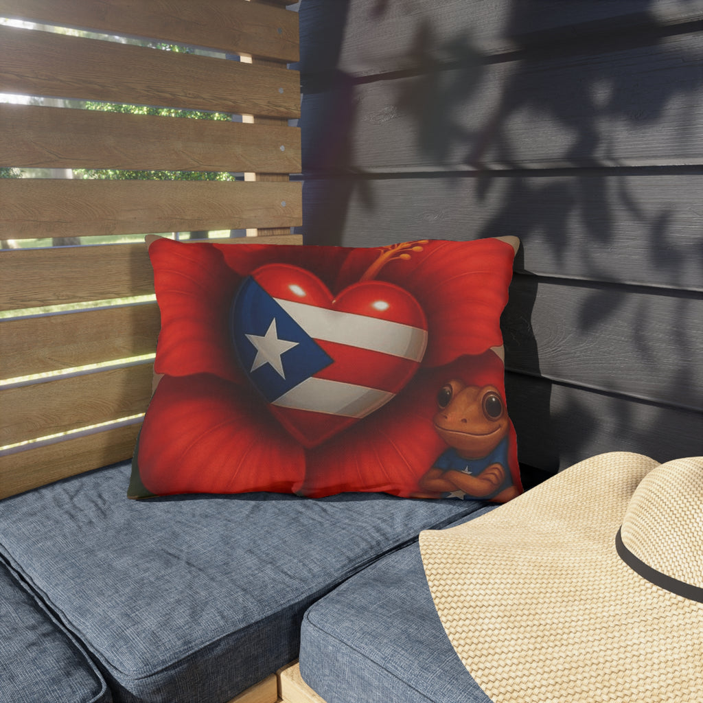 Puerto Rico Heart Flag Outdoor Pillow — Coquí & Hibiscus Patio Cushion Puerto Rico Culture Pillow