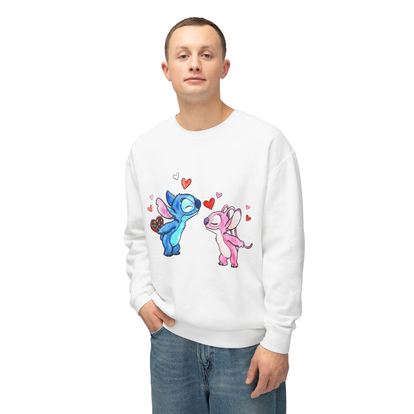 Cute Stitch Valentine Sweatshirt — Blue & Pink Love Characters with Hearts