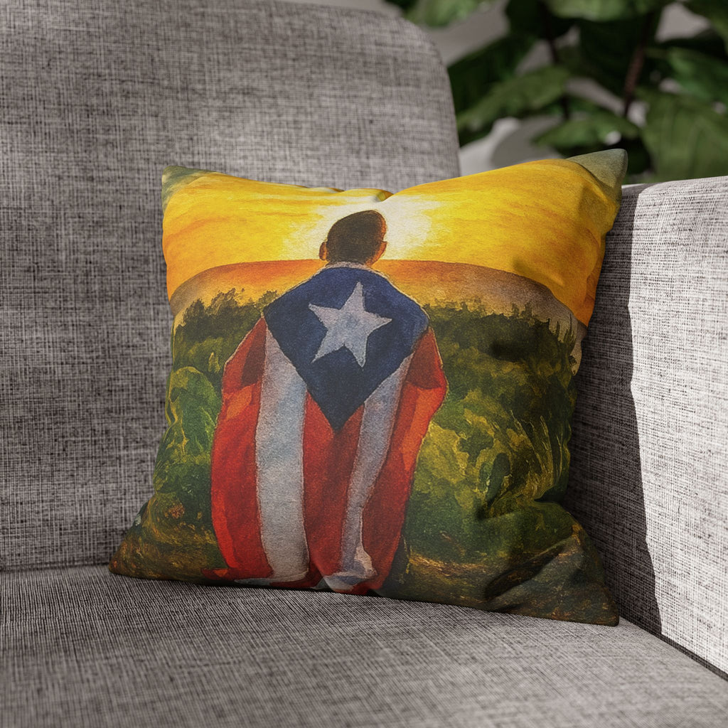 Puerto Rican Flag Sunset Pillowcase  Boy Draped in Puerto Rico Flag Decorative Throw Pillow Puerto Rico Culture Pillow