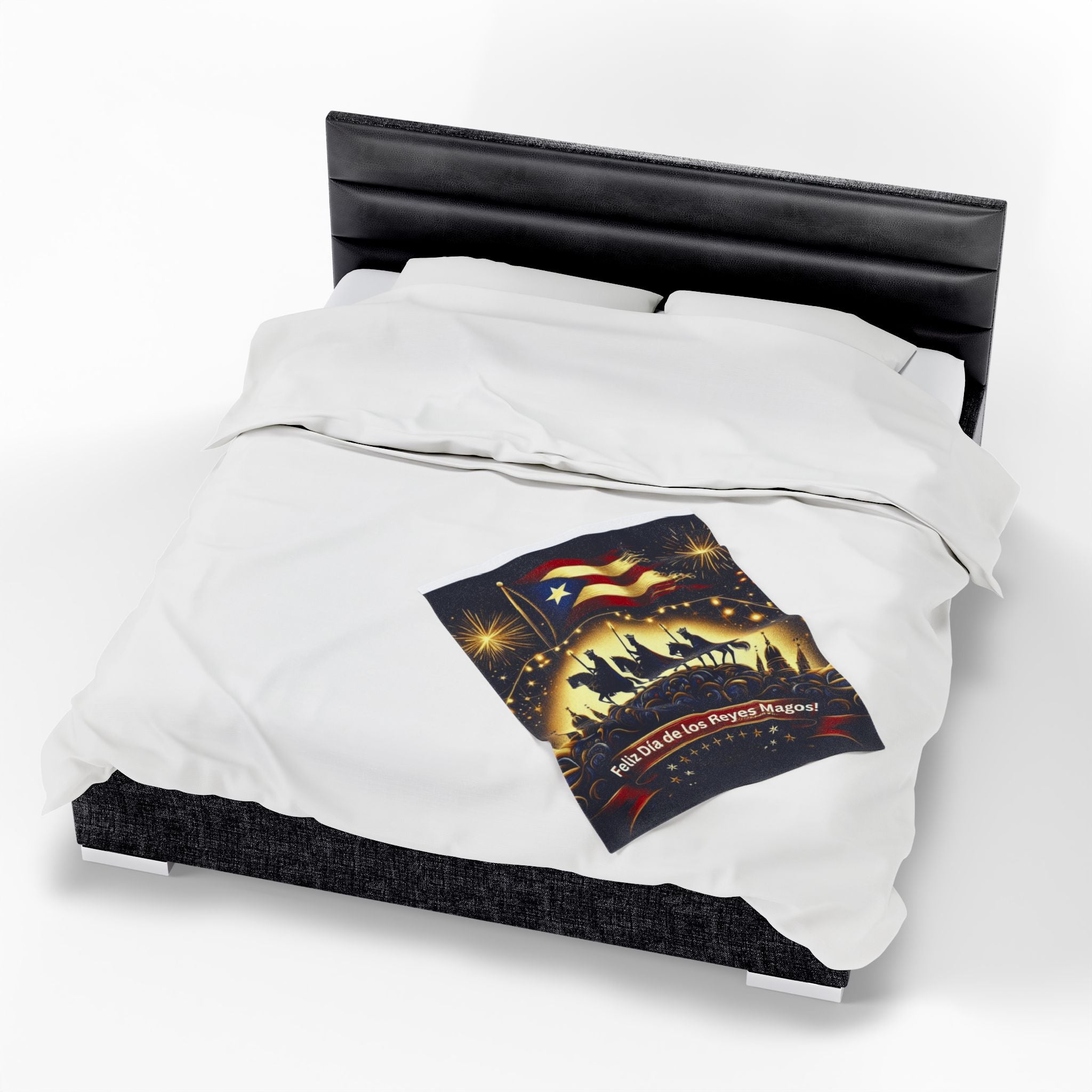 Velveteen Plush Blanket  Feliz Día de los Reyes Magos Puerto Rico Flag Holiday Throw