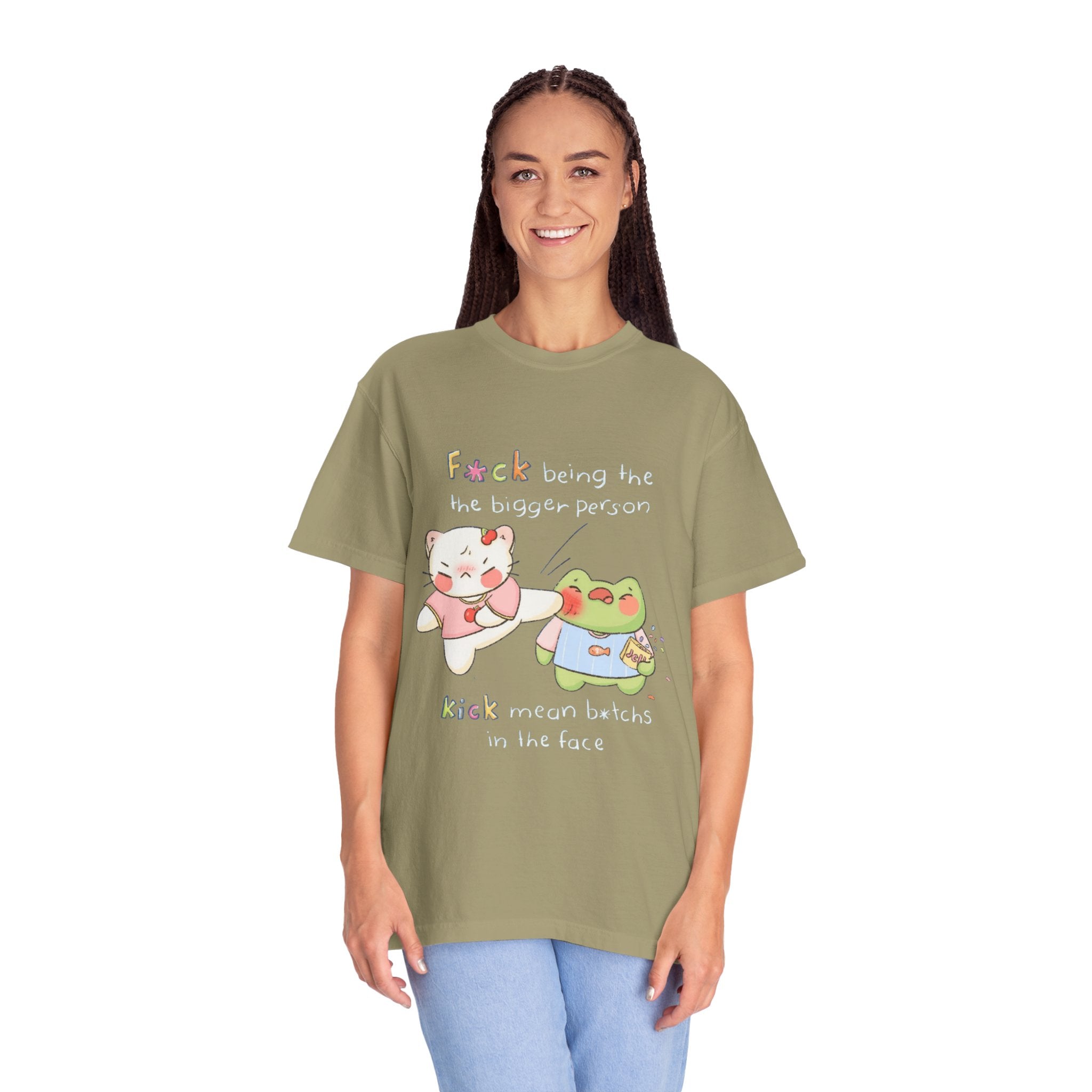 Graphic T-Shirt  Cute Kicking Cat & Frog with 'F*ck Being The Bigger Person' Slogan