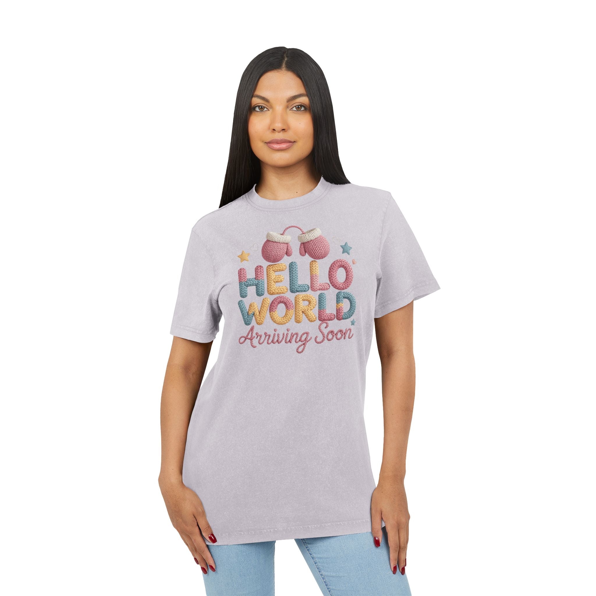 Hello World "Arriving Soon" Acid Wash Baby Announcement Tee