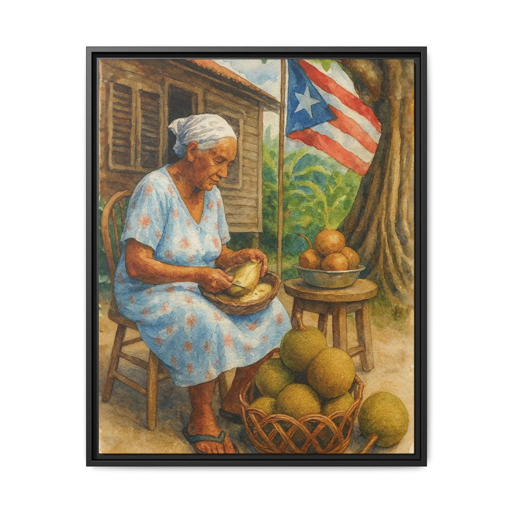 Cultural & Story-Driven These Puerto Rico inspired  Framed Matte Canvas Print  Woman Shelling Fruit Vintage Tropical Painting