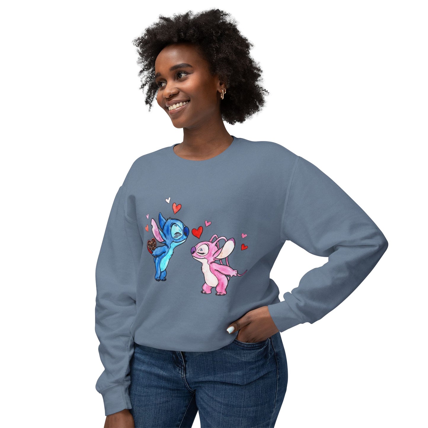 Cute Stitch Valentine Sweatshirt — Blue & Pink Love Characters with Hearts
