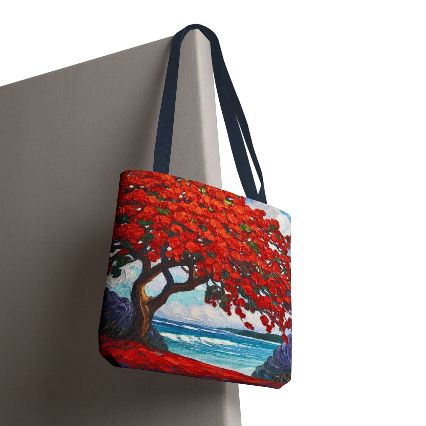 Red Blossom Beach Tote - Tropical Tree Art All-Over Print Tote Bag Crochet-Decorated Tote Bags