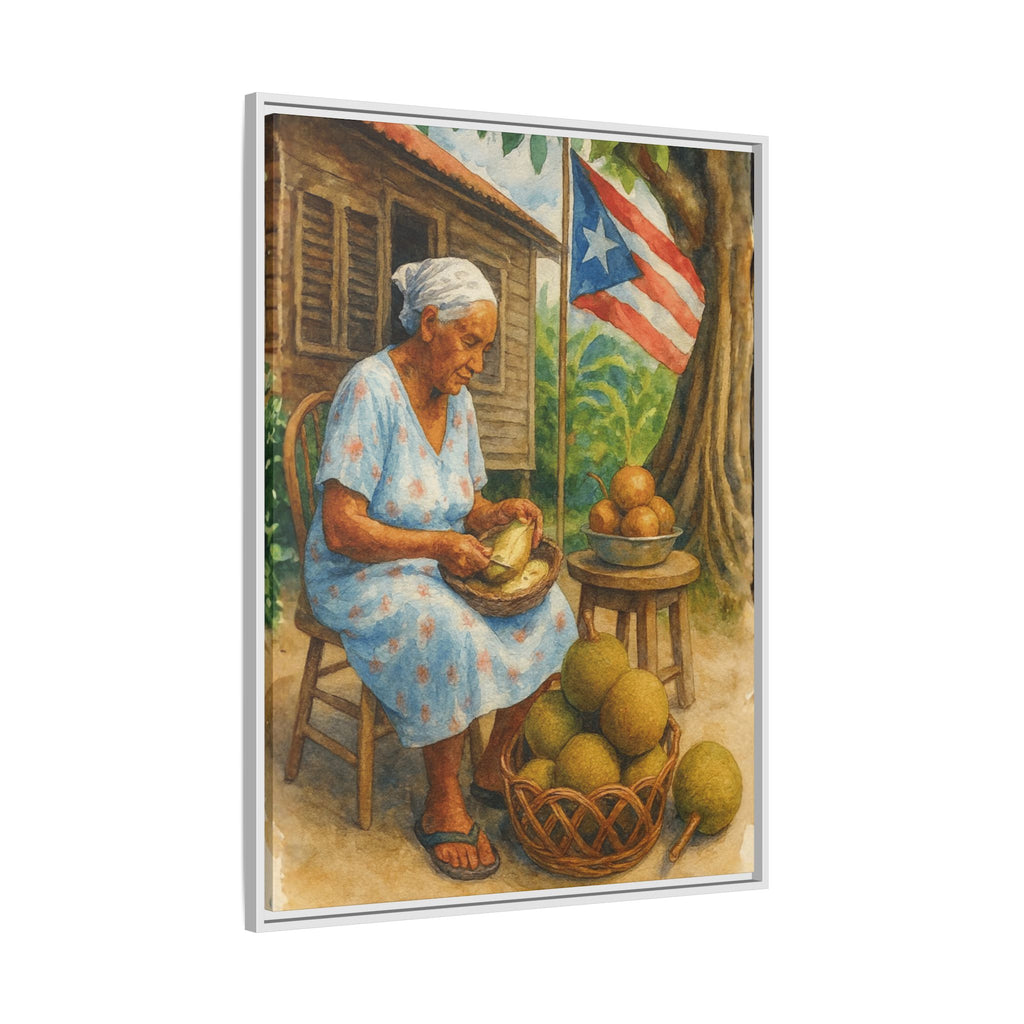 Cultural & Story-Driven These Puerto Rico inspired  Framed Matte Canvas Print  Woman Shelling Fruit Vintage Tropical Painting