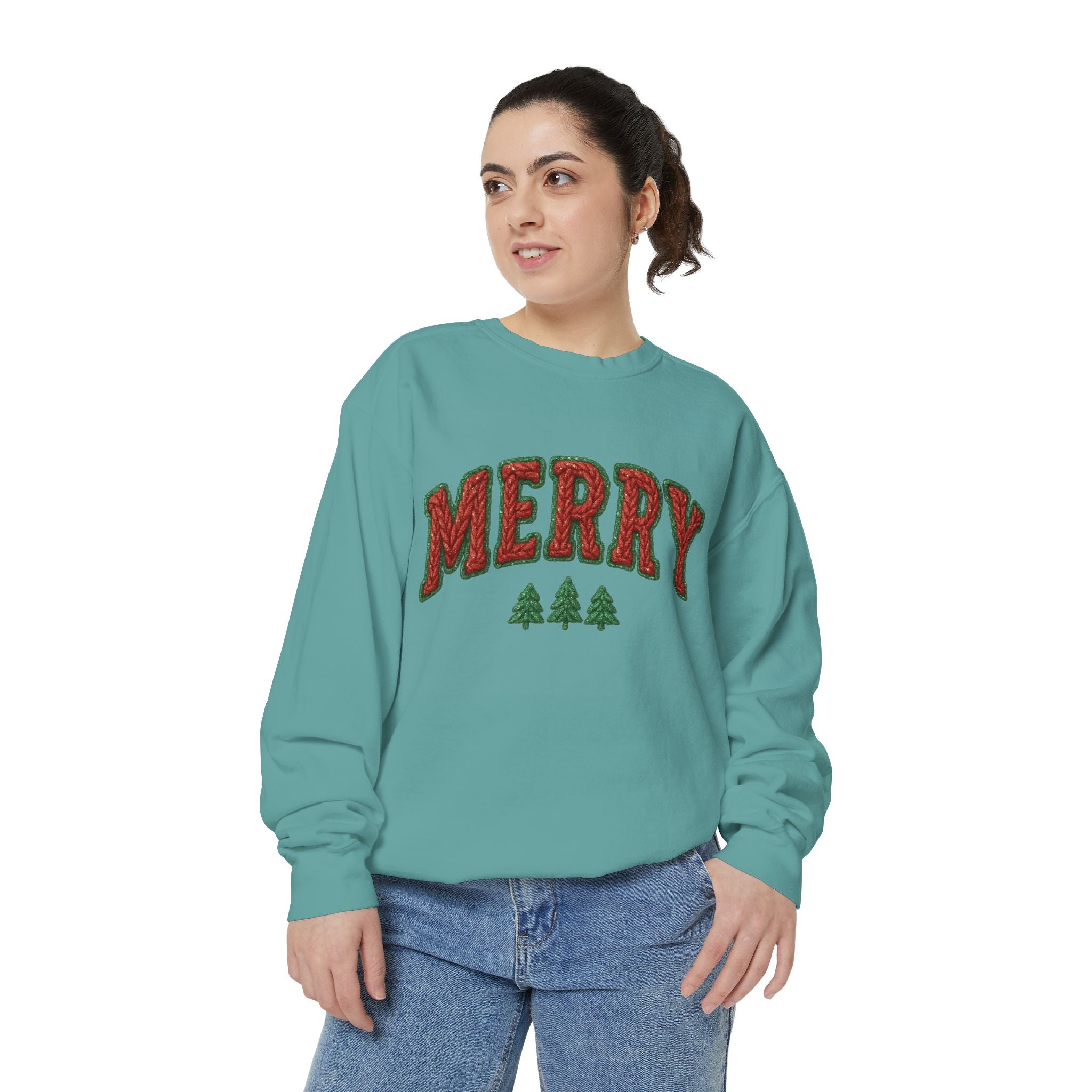 Merry Holiday Sweatshirt — Cozy Christmas Pullover with Tree Graphics Festive Holiday Designs