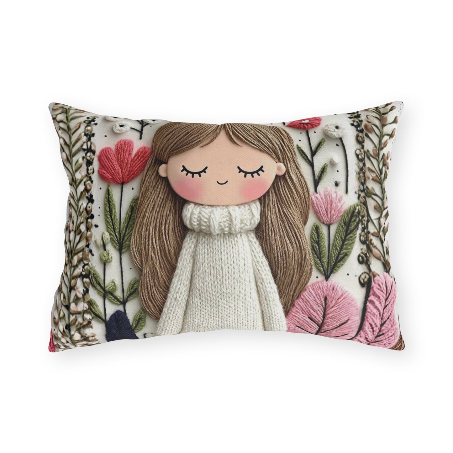 Cute Girl Floral Outdoor Pillow — Whimsical Garden Accent Cushion