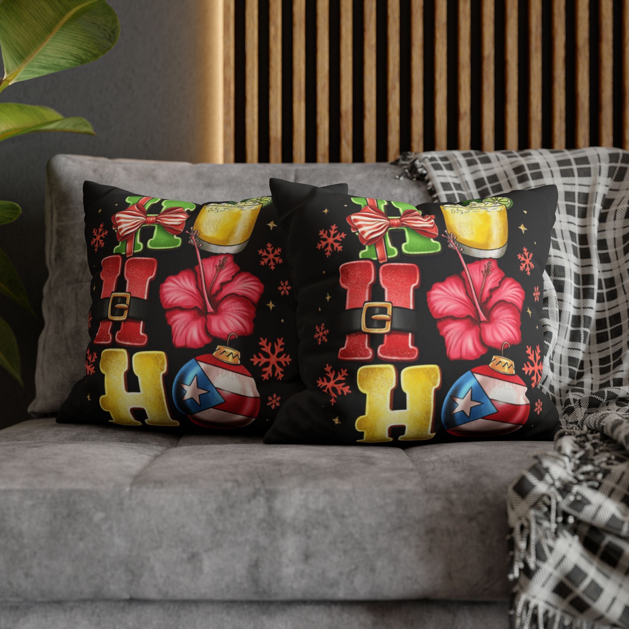 Holiday HOHO Pillow Cover  Puerto Rico Ornament, Hibiscus & Coquito Christmas Throw Pillowcase