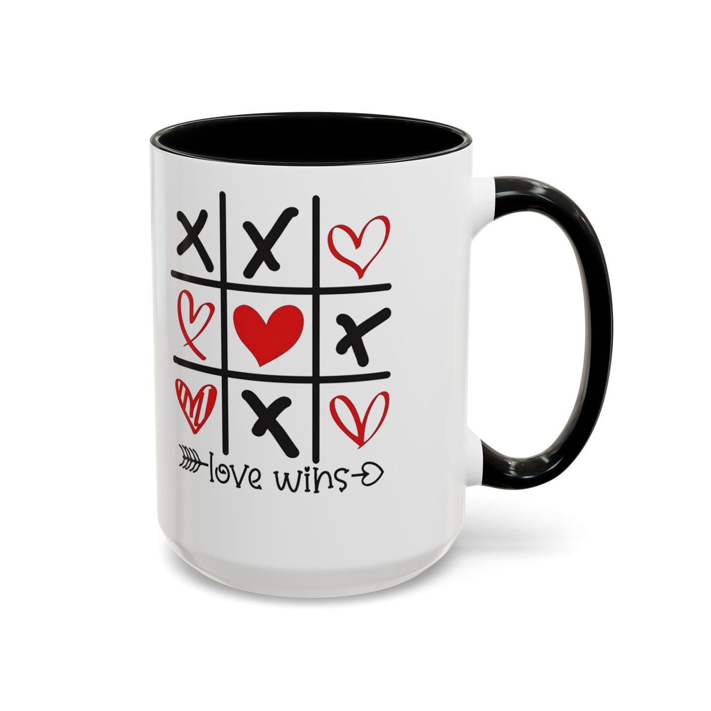 Love Wins Tic-Tac-Toe Heart Accent Coffee Mug — Romantic Valentine 11/15oz