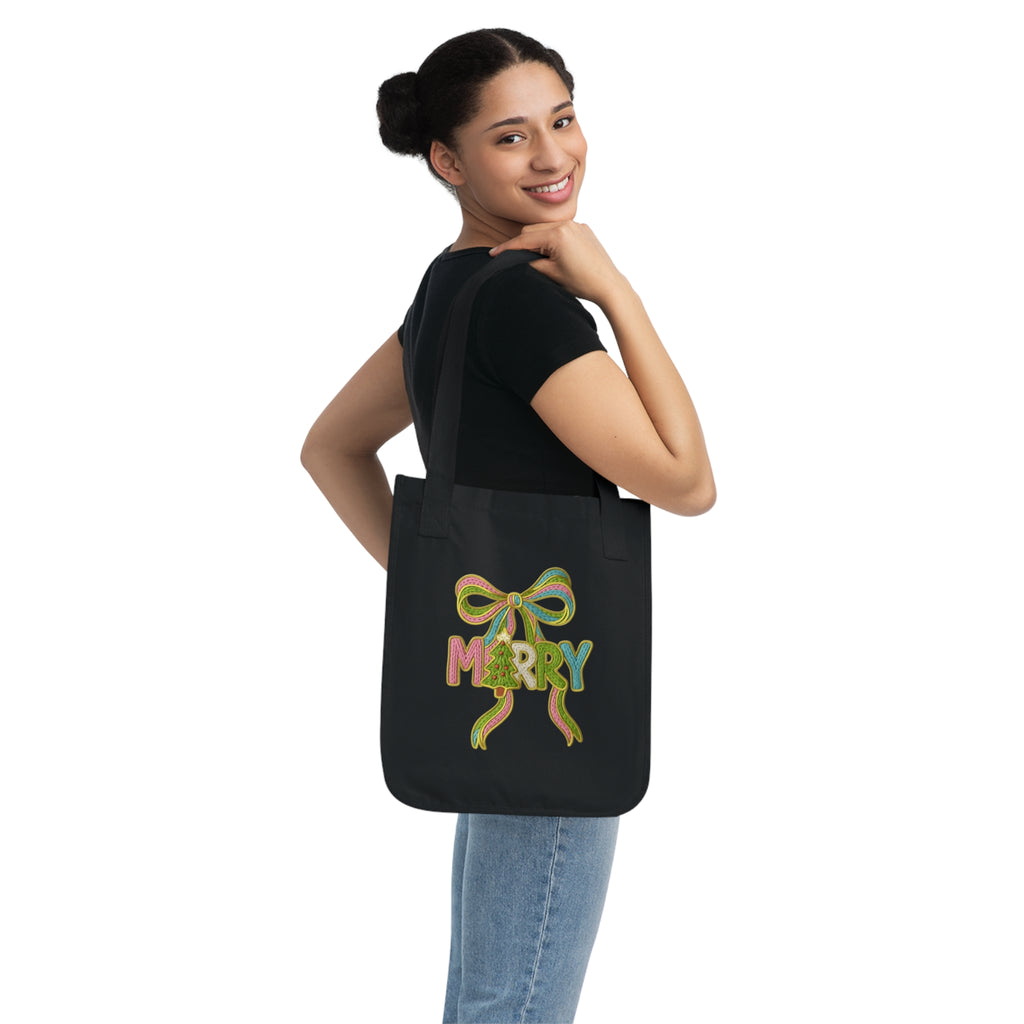 Tote Bag 'Merry' Ribbon Christmas Canvas Tote Organic Holiday Market Bag Christmas gift tote