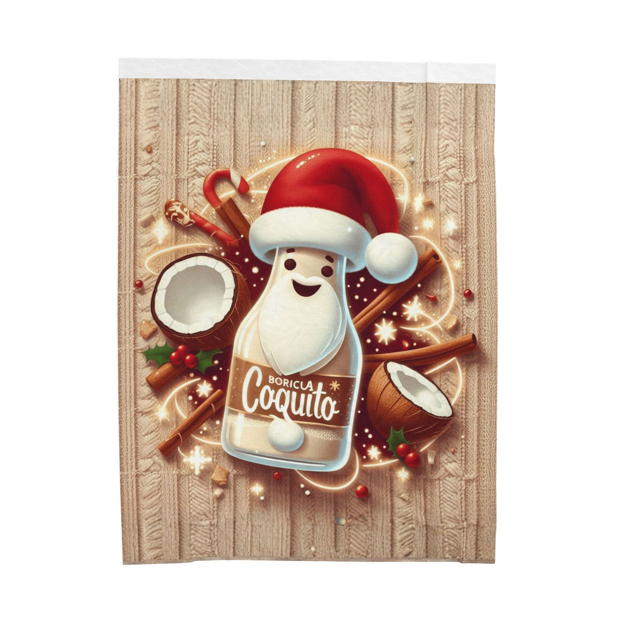 Coquito Santa Velveteen Plush Blanket Holiday Puerto Rican Coquito Design