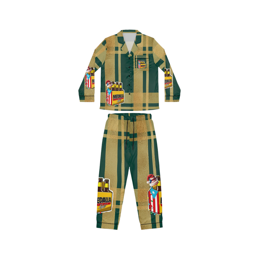 Medalla P'J Christmas morning traditions Women's Satin Pajamas (AOP)