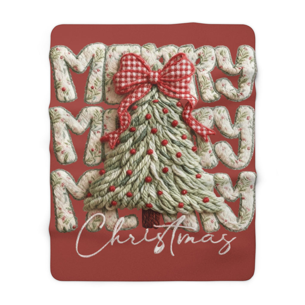Winter Wonderland Cartoon Fleece Blanket Christmas Sherpa Blanket  'Merry Merry' Knitted Tree Fleece Throw