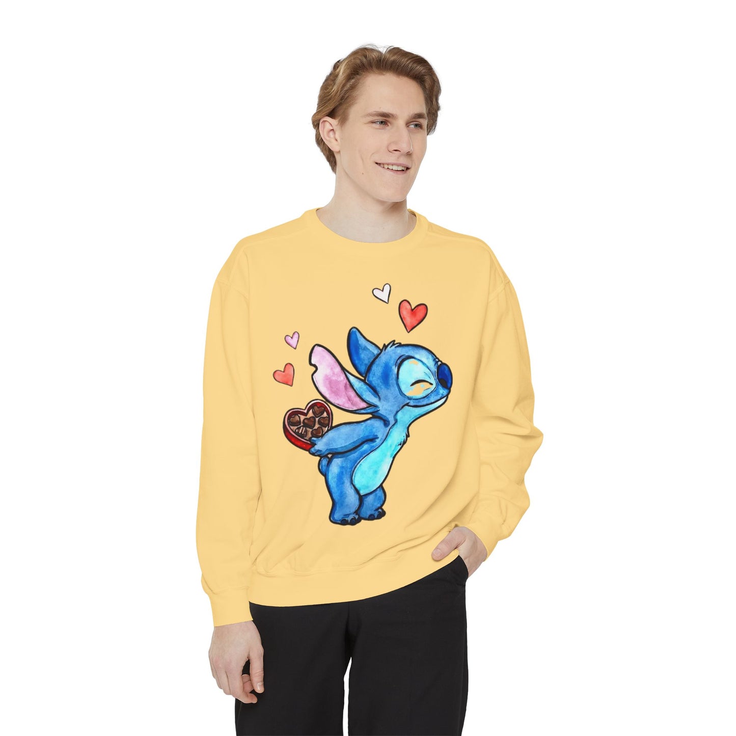 Stitch Valentine Sweatshirt — Cute Blue Alien with Hearts & Chocolate Pocket