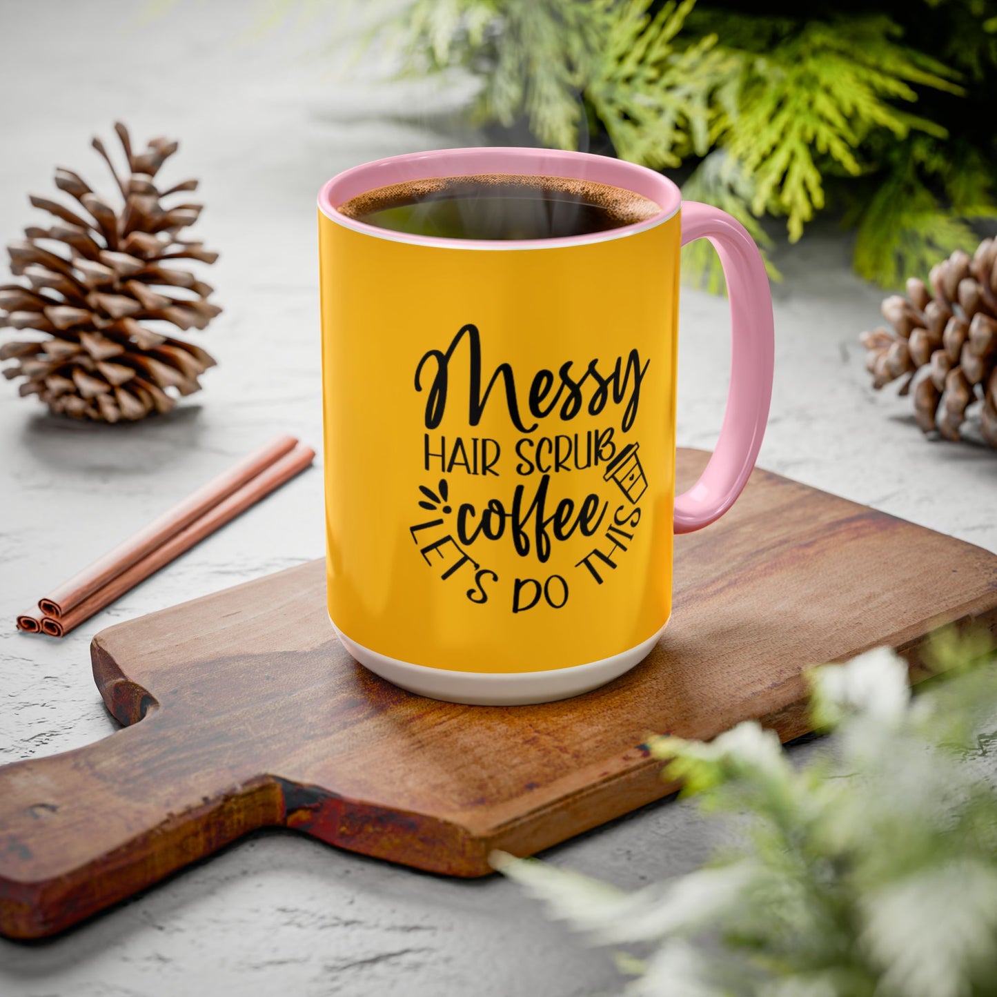 Holiday Coffee Cups with Festive Quotes & Designs Messy Hair Coffee Mug - Fun Yellow Ceramic Cup for Coffee Lovers