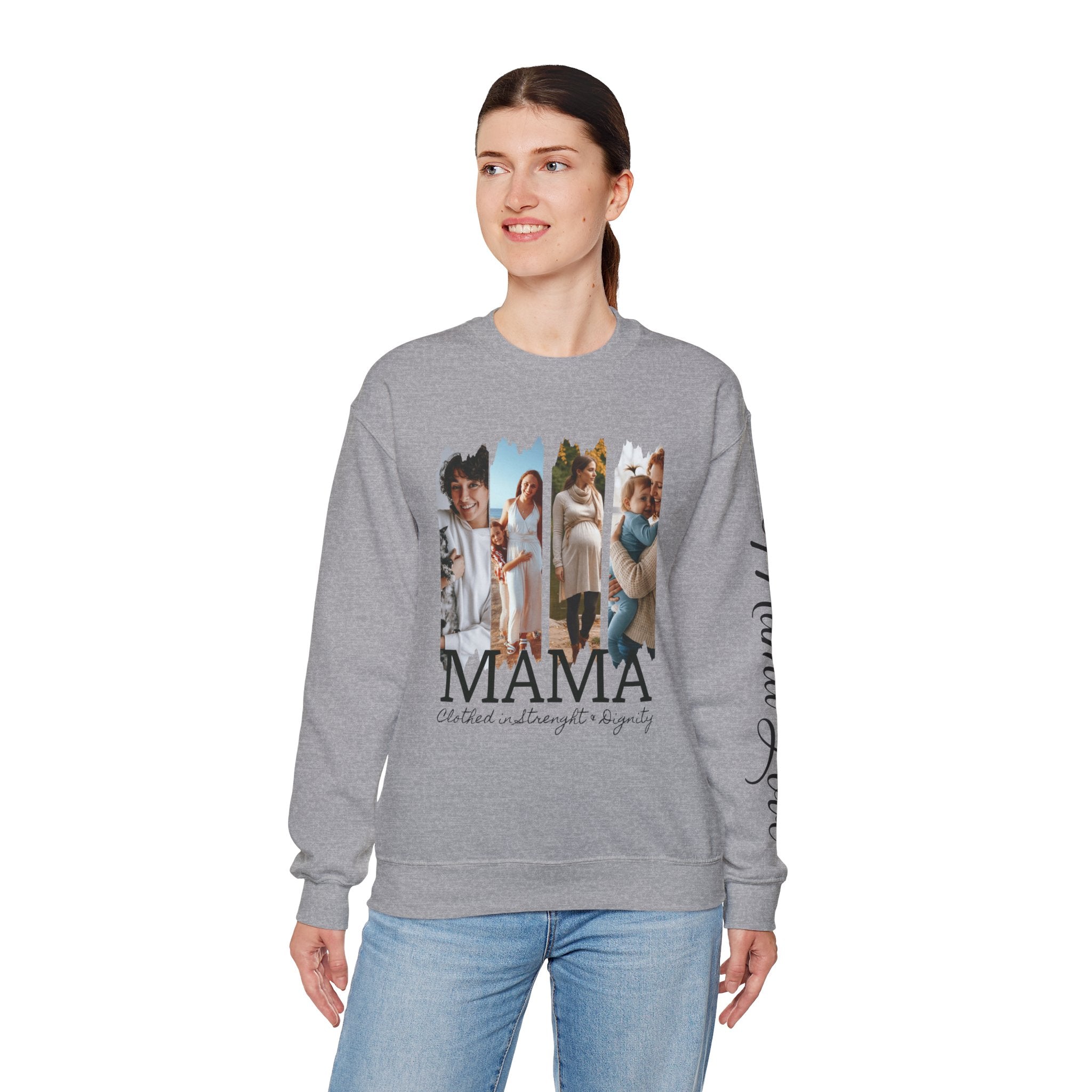 Mama Photo Collage Sweatshirt — "MAMA: clothed in strength & dignity" Sleeve Script
