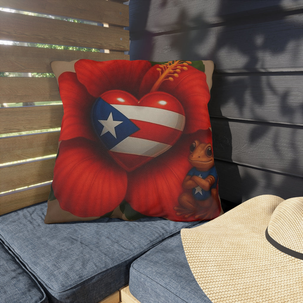 Puerto Rico Heart Flag Outdoor Pillow — Coquí & Hibiscus Patio Cushion Puerto Rico Culture Pillow