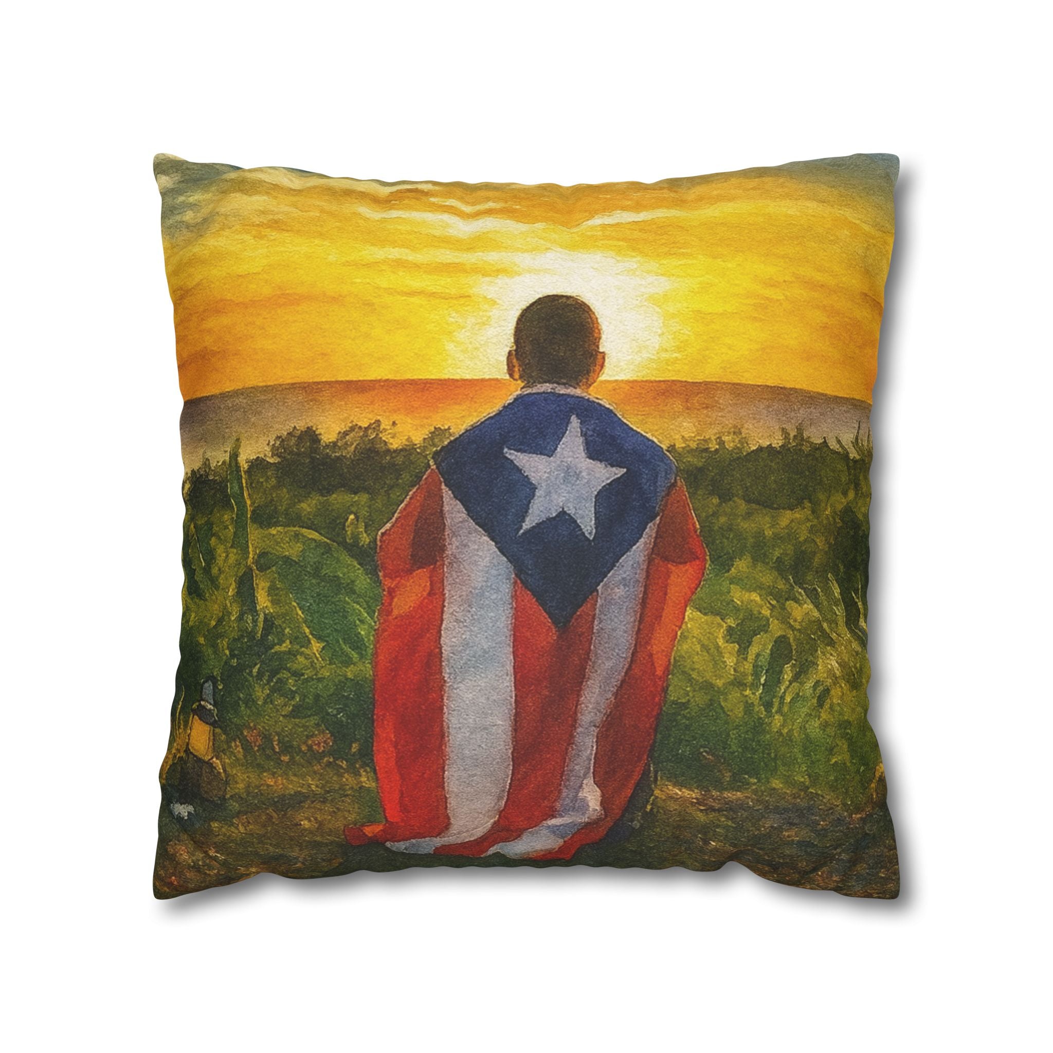Puerto Rican Flag Sunset Pillowcase  Boy Draped in Puerto Rico Flag Decorative Throw Pillow Puerto Rico Culture Pillow