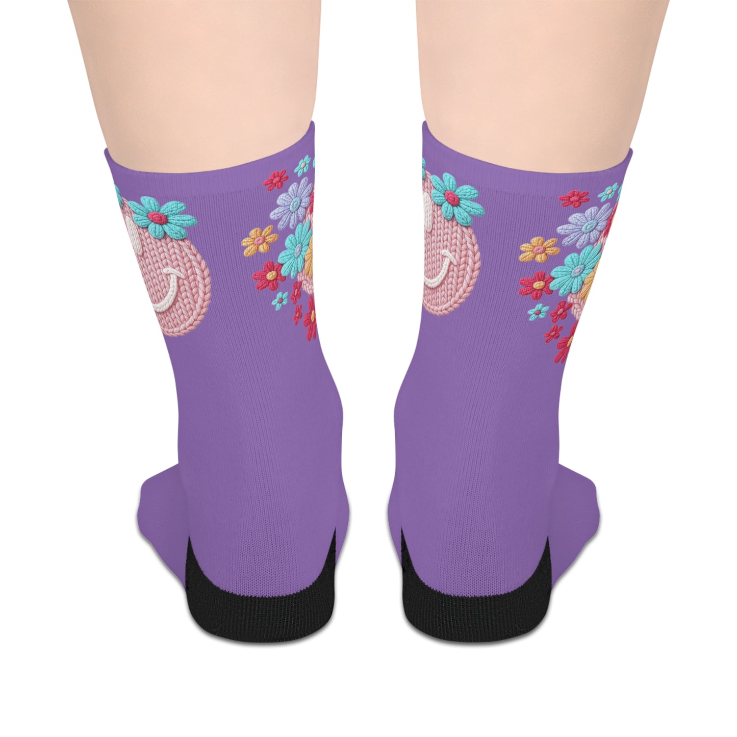 Purple Floral Smiley Mid-Length Socks — Cute Crochet Smile & Colorful Flowers